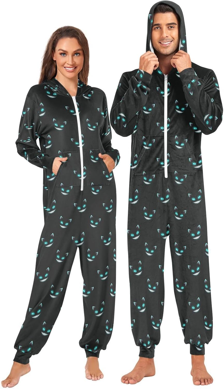 Women's Men's One Piece Pajamas Cheshire Cat Texture Hooded Adult Sleepwear Romper Homewear