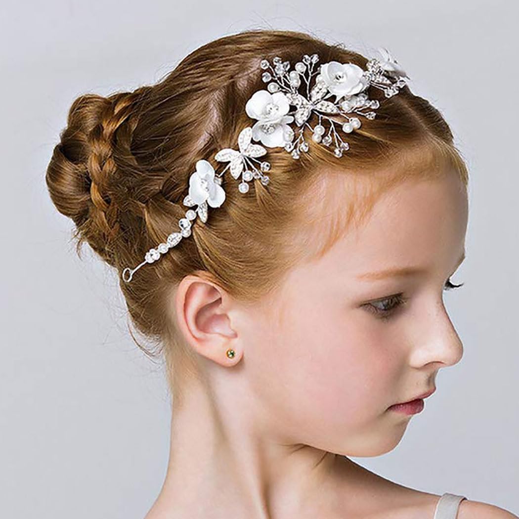 IYOU Fascia per capelli da comunione con fiore bianco Coroncina da principessa in cristallo Accessori per capelli con perle di strass Ragazze e bambina
