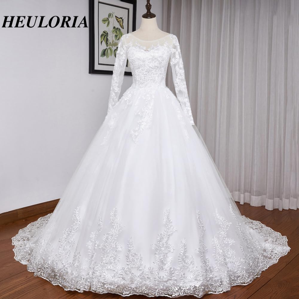 Abito da Sposa principesco Pizzo Scollo Rotondo Manica Lunga Grand Vestito da Sposa Lungo Treno BA-N-OL