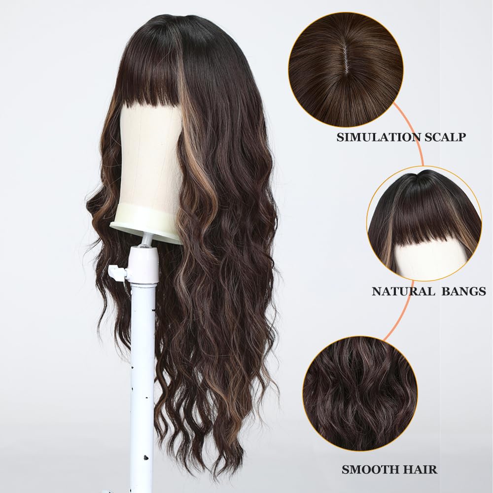 Esmee Long Wavy Brown with Highlight Wigs for Women with Fringe Natural Synthetic Hair Wig for Daily & Party Use - Image 3