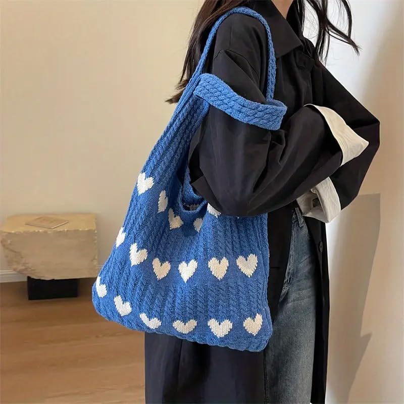 Bolso tote tejido de gran capacidad con diseño de corazón rojo - Bolso casual para hombro y playa para mujeres, ideal para uso diario, bolso tote casual, azul miniatura 6
