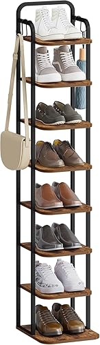 Miniatura 9 de Zapatero Vertical de 8 Niveles, Torre de Zapatos Estrecha, Estante Alto para Zapatos con 2 Ganchos, Estantes Ajustables, Estantes de Esquina para
