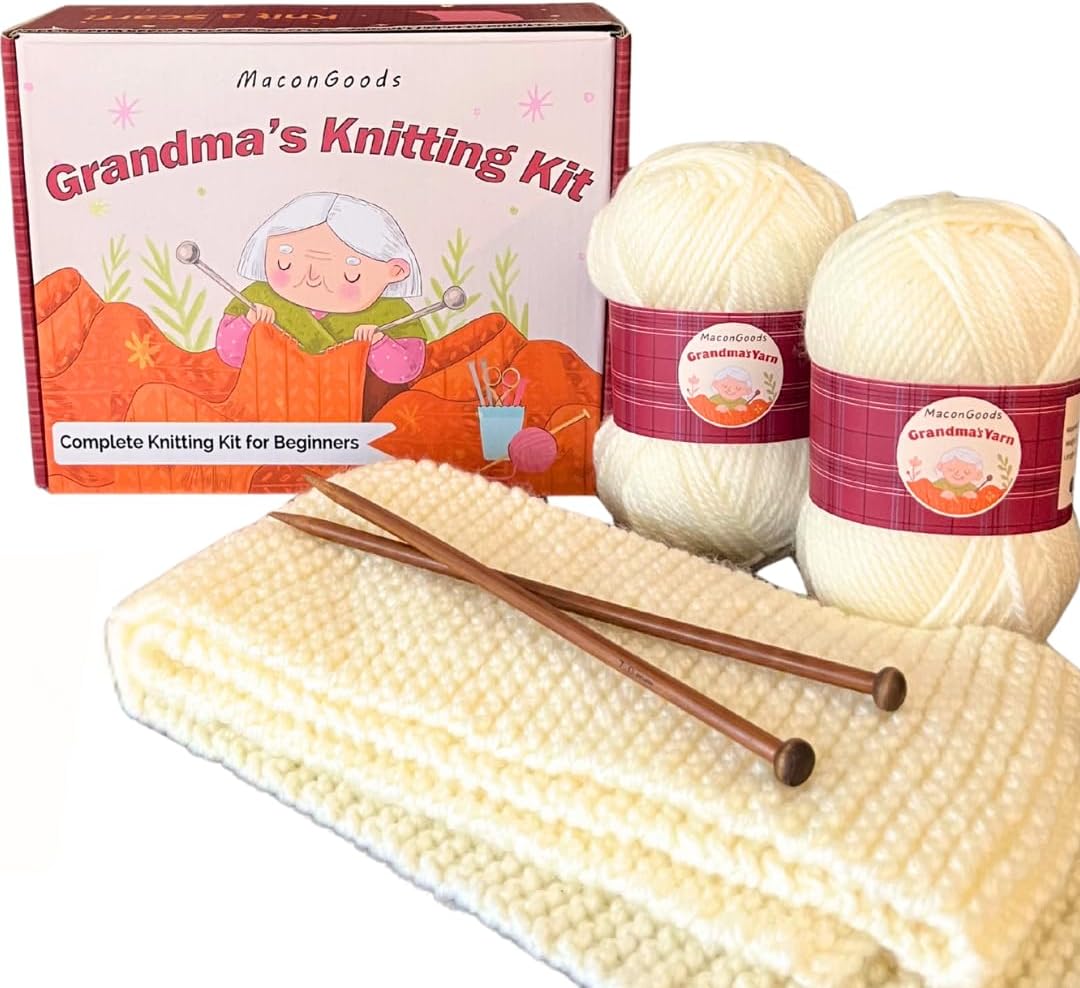 MaconGoods Grandma's Knitting Kit - Complete Knitting Kit for Beginners - Includes Beginner Yarn, Bamboo Needles, Video Tutorial, and Written Guide & More - Easy Learn to Knit Kit