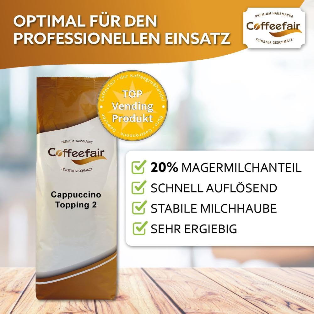 Coffeefair Cappuccino Topping 2 Instant-Milchpulver 10 x 1kg, Milchpulver für Kaffee- & Heißgetränkeautomaten, 20% Magermilchanteil