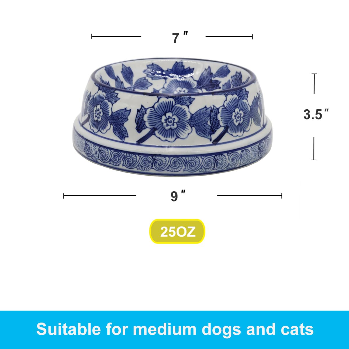 Aimusego Napf für Haustiere, Keramik, robust, rutschfest, Chinoiserie, für große Welpen, Katzen, Retriever, mittelgroße Hunde, 22,9 cm, Blau und Weiß