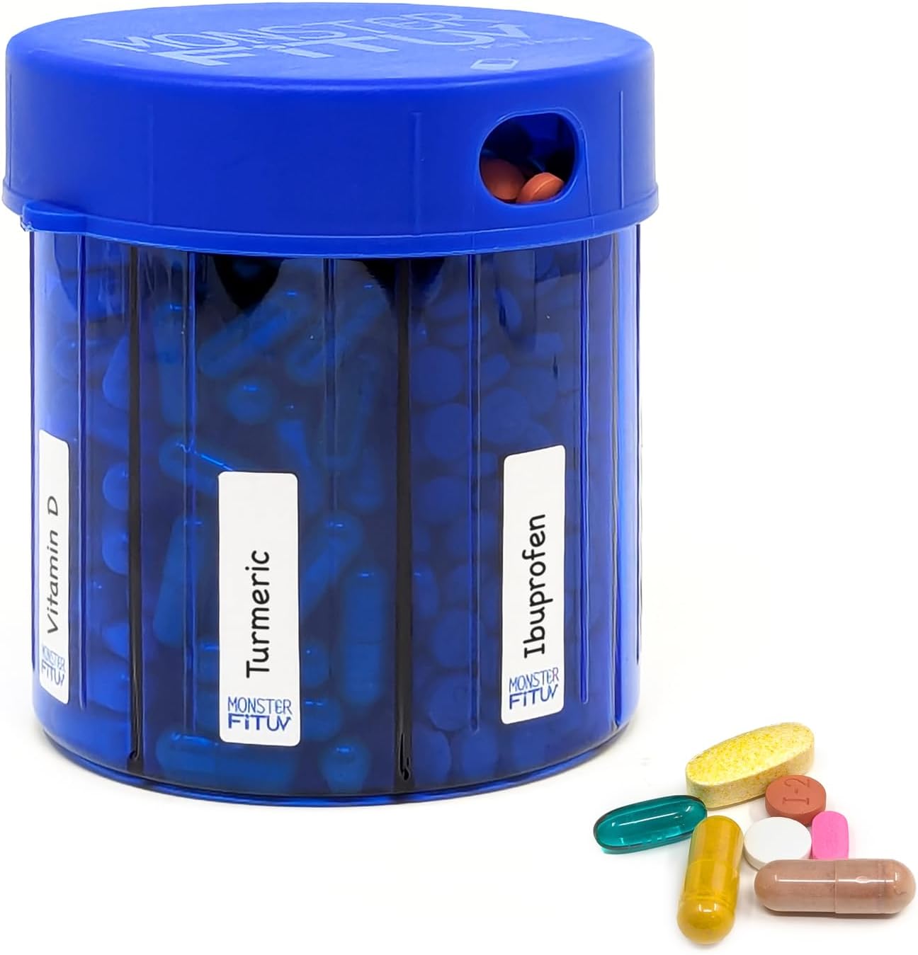 XL Supplement Pill Dispenser Bottle, 7 Compartment, Labels, Easy Open, Anti-Mixing, UV Protected Organizer, Extra Large Monthly Vitamin, Monster Fit Medication Holder (Cobalt Blue, Large)