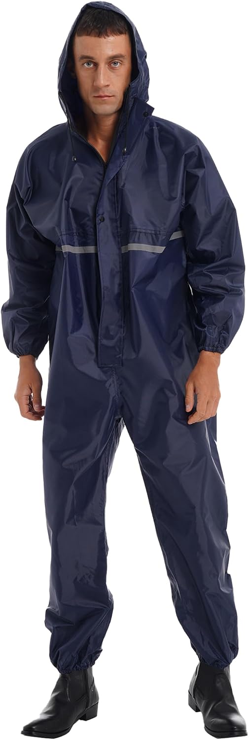 Mens Waterproof Jumpsuit One Piece Reflective Strip Motorcycle Rainsuits and MudStopper Coveralls for Adults