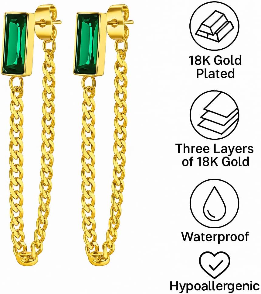 Drop Chain Earrings for Women – 18K Gold with Emerald Green Baguette Crystal Studs – Waterproof, Hypoallergenic Statement Jewelry Gift