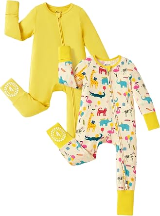 PATPAT Bamboo Viscose Baby Footie 2-Pack with Anti-Slip Grips, NB-2T