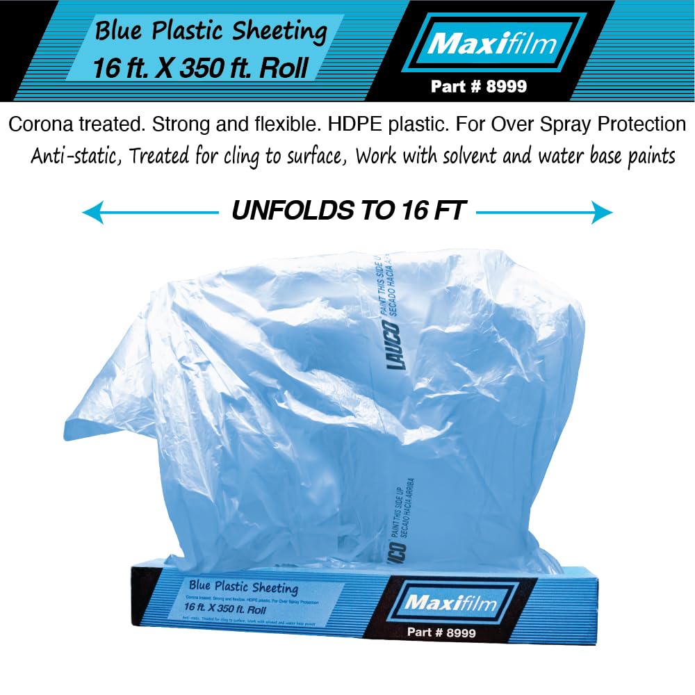 MAXIFILM 16ft x 350 ft Roll of Blue Overspray Paintable Plastic Sheeting - 8 Micron, 0.3 Mil, Protective Corona Treated Masking Film Cover - Auto Car Painting, Bodyshop Repair, House Paint Cloth