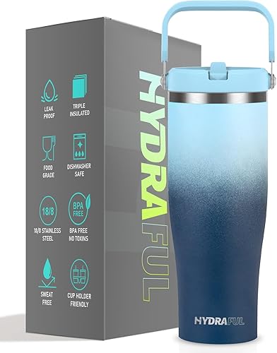 Hydraful Vaso de 50 onzas con asa abatible, botella de agua aislada al vacío a prueba de fugas, cabe en portavasos para hogar, exteriores, taza de