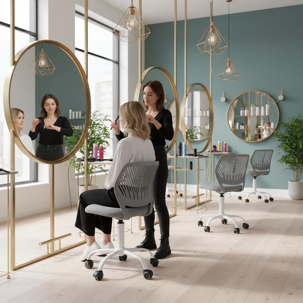 FurnitureR Friseurstuhl ergonomischer Drehstuhl ohne Armlehnen, höhenverstellbar, Netzrückenlehne, Metallfuß mit Rollen, 38x40cm Sitz, 130kg, Dunkelgrau