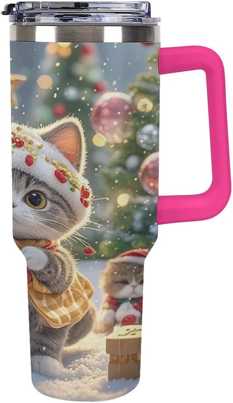 Cute Cat Sing Christmas Carols Tumbler 40 Oz with Handle&Lid Large Car Cup Stainless Steel Vacuum Travel Mug Insulated Water Bottle Leak-proof Portable Coffee Cup for Home Car Outdoor