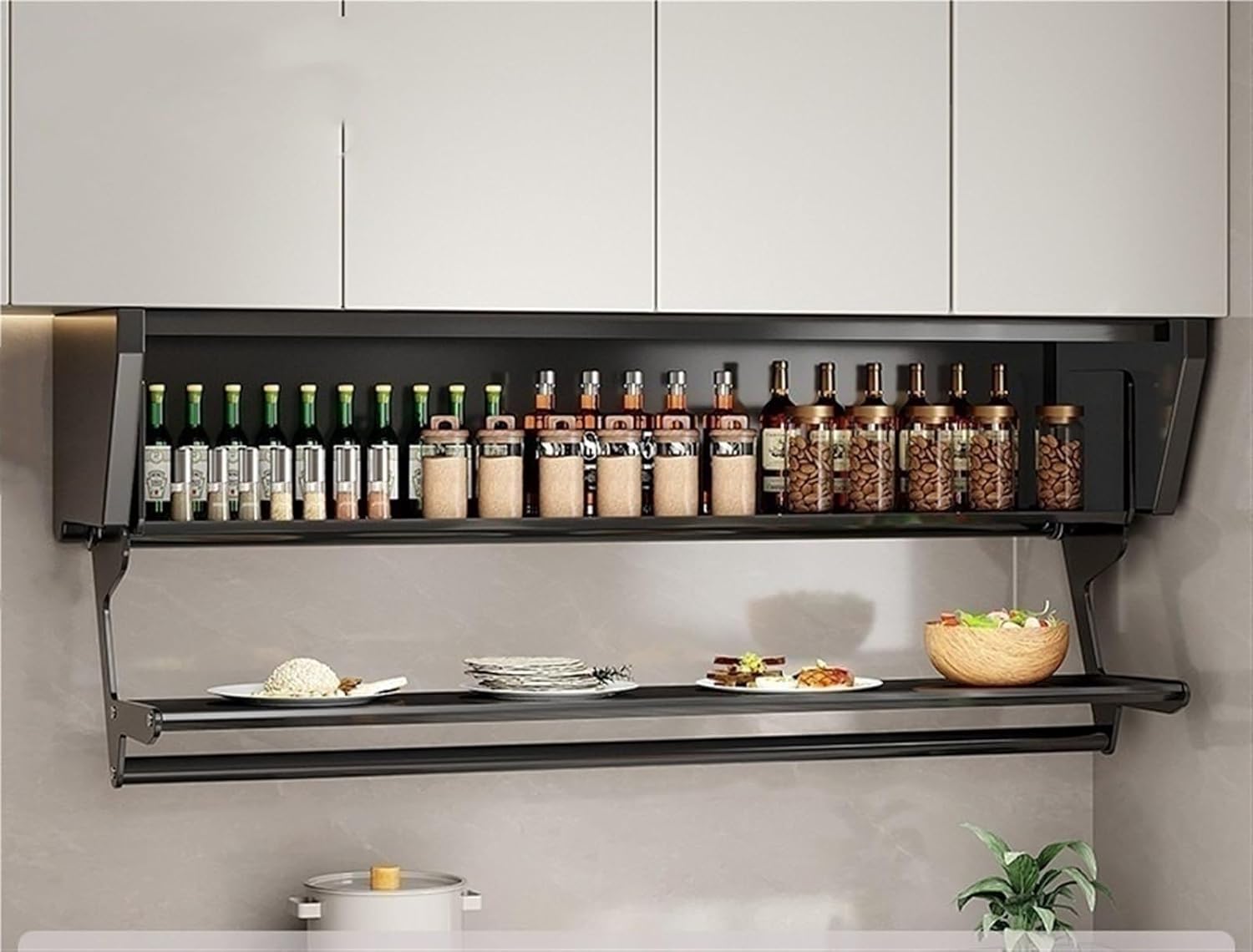 2 Tier Pull-Out Cabinet Organizer, Drop Down Shelf Dish and Spice Rack, Wall Cabinet Storage Organizer with Door and Handle, Cabinet for Kitchen(80cm)