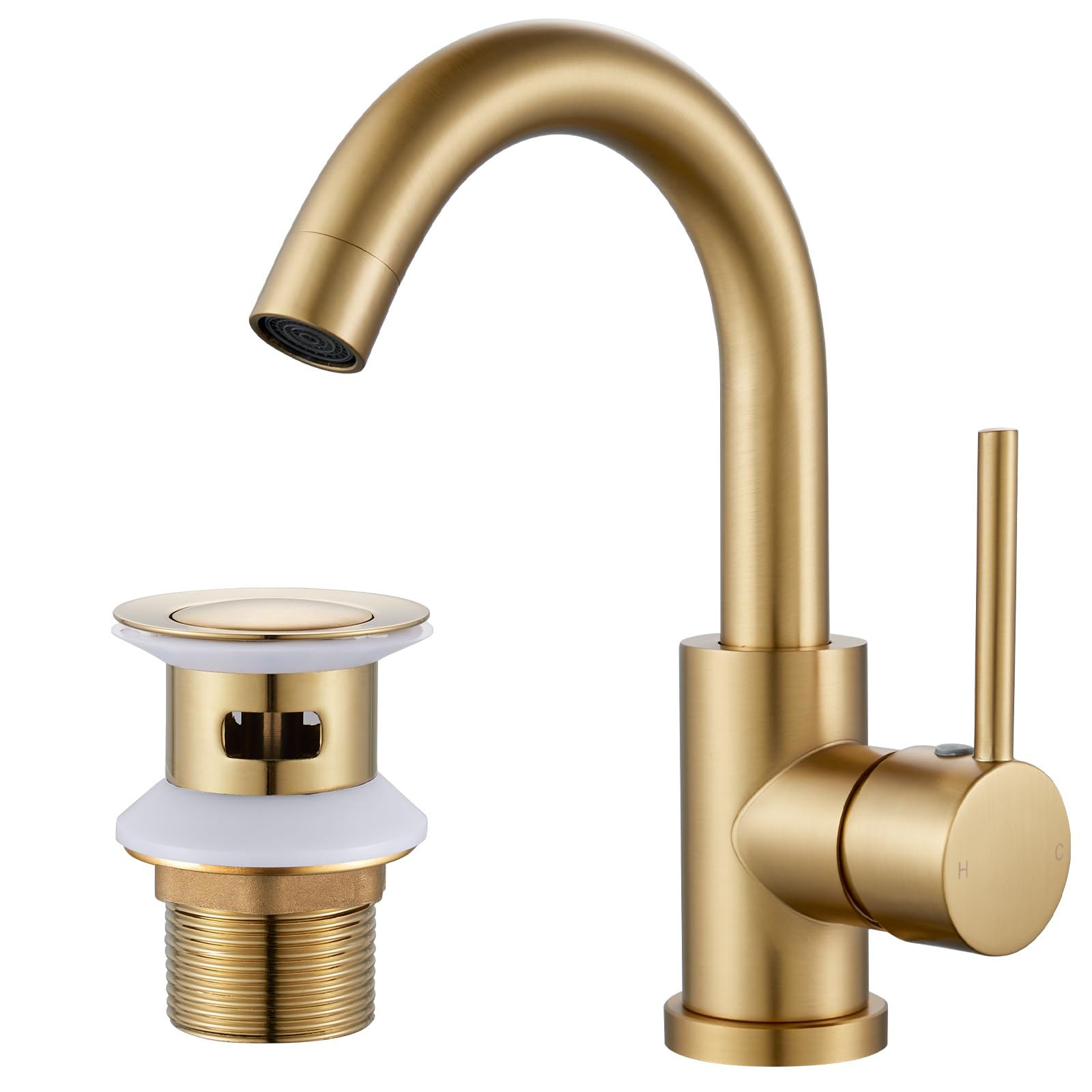 Gold Basin Mixer Tap with Pop up Waste, Rainysprit 360° Swivel Bathroom Sink Tap Mixer, Stainless Steel, G1/2 UK Standard Fittings, Hot & Cold Water Control, Gold