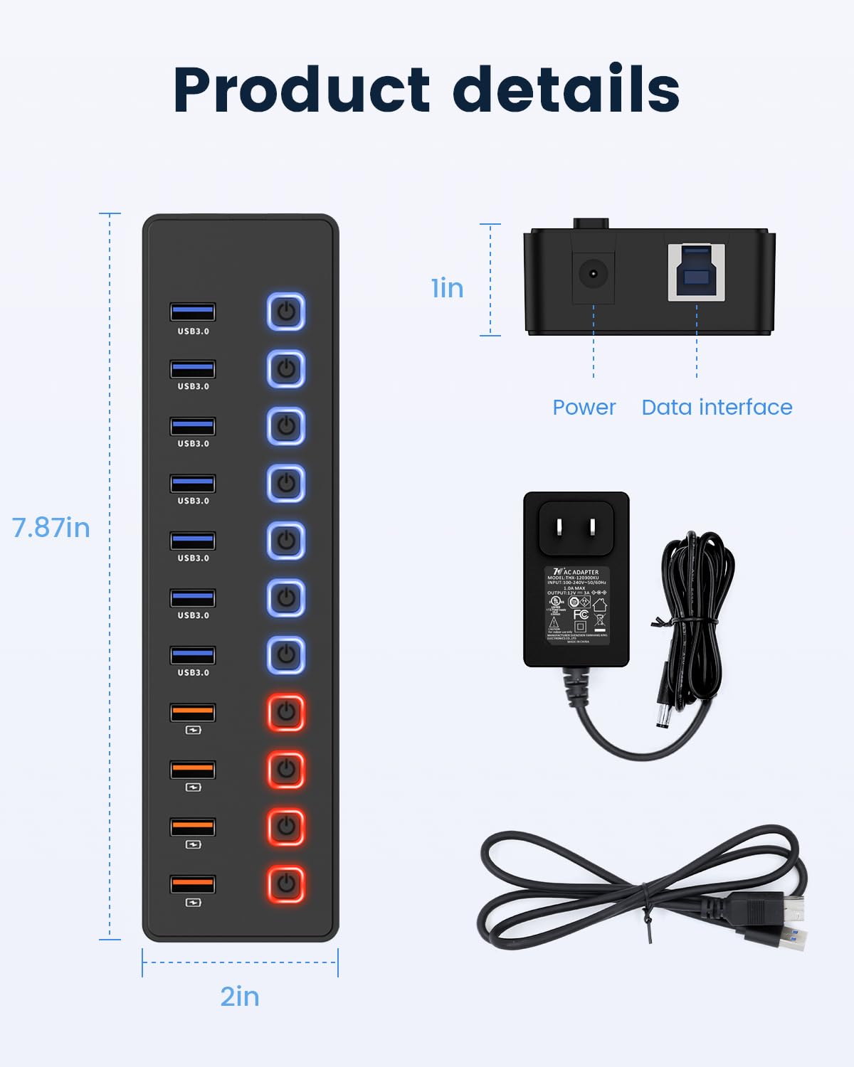 Hub USB alimentato, hub USB C, splitter hub a 11 porte (7 porte USB 3.0 di trasferimento dati + 4 porte di ricarica intelligenti), interruttore non incorporato (con