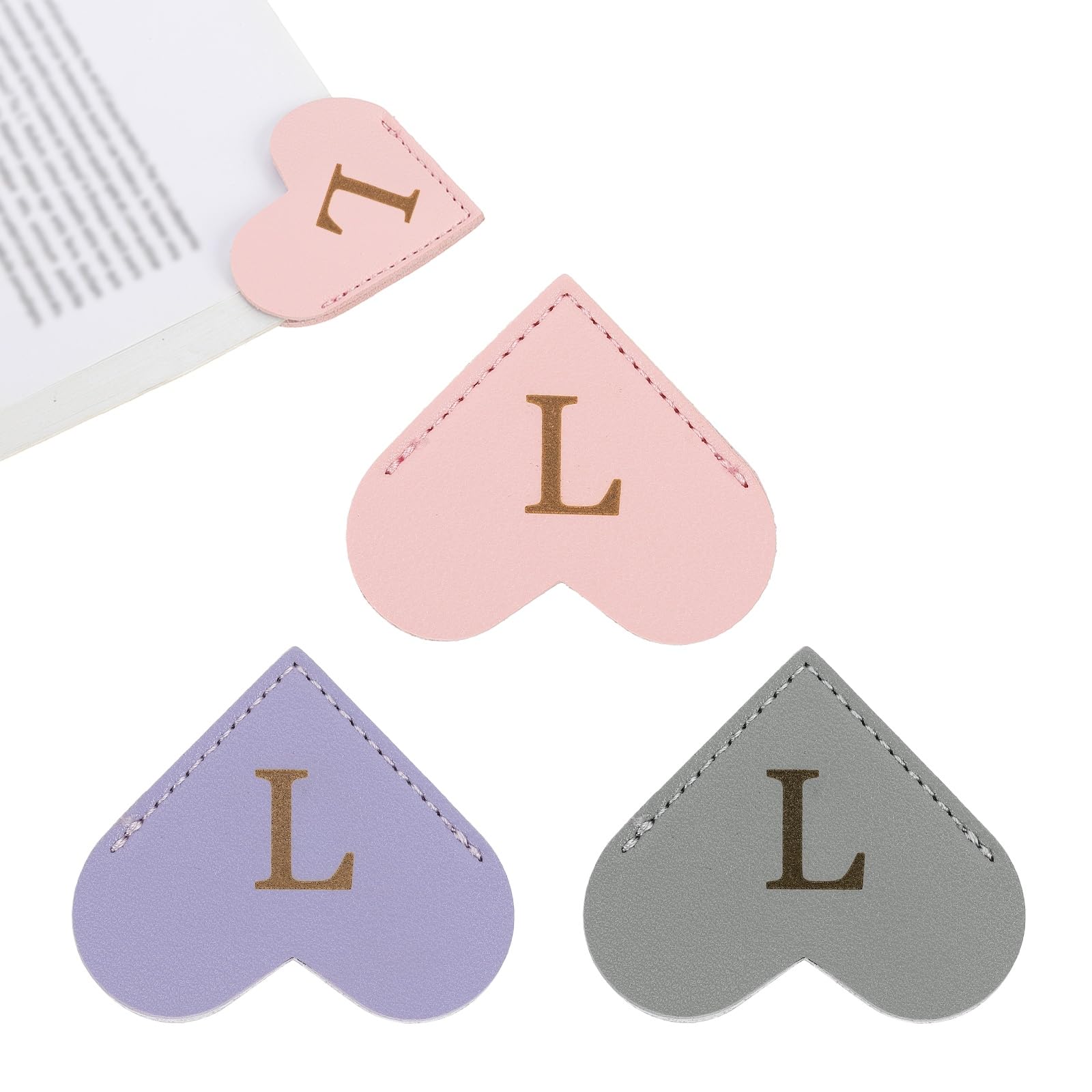 PATIKIL Initial l Corner Bookmarks, 3Pcs Heart Shape Leather Book Marks Page Markers Cute Page Clip for Men Women Teacher Reader Book Lover Writers, Pink Purple Gray