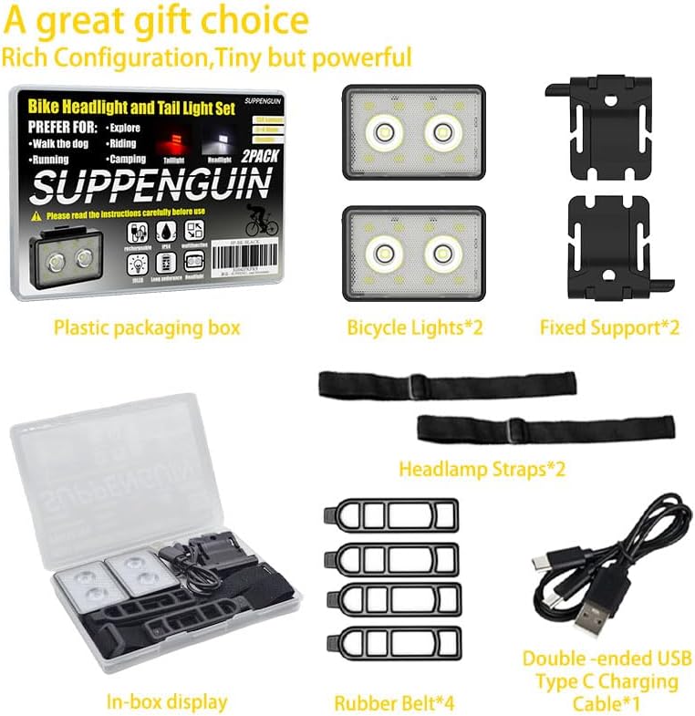 Miniatura 6 de Bike Lights for Night Riding, USB Rechargeable, Front and Back, 3+4 Modes, Headlight and Taillight Set, IP44 Waterproof, Accessories, Night, (2 Pack)