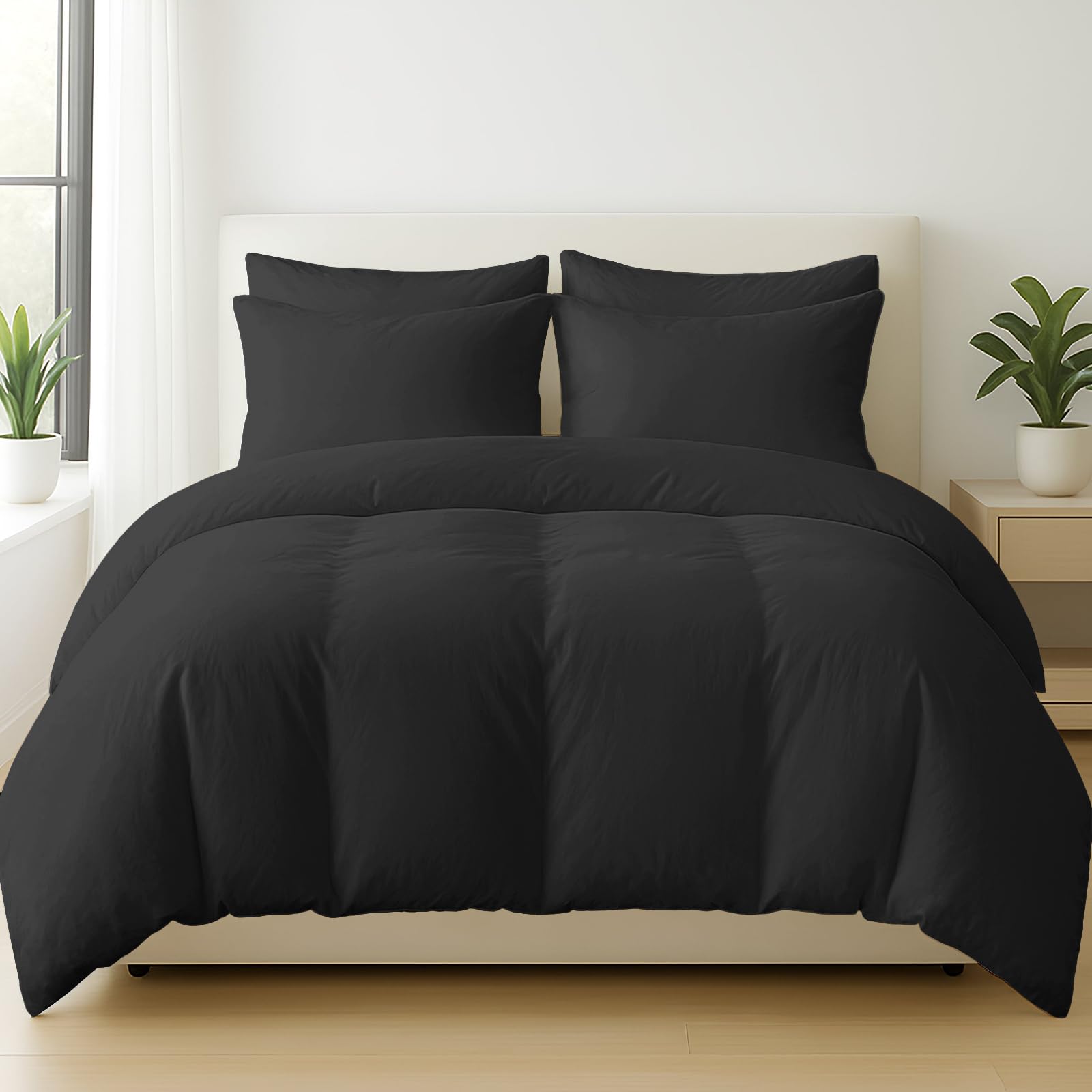 Pamposh Black 4 Pcs 100% Egyptian Cotton Super King Duvet Set With Matching Superking Size Fitted Sheet 35 Cm Extra Deep Pocket - Ultrasoft Premium Cotton 400 Thread Count Bedding Set For All Seasons