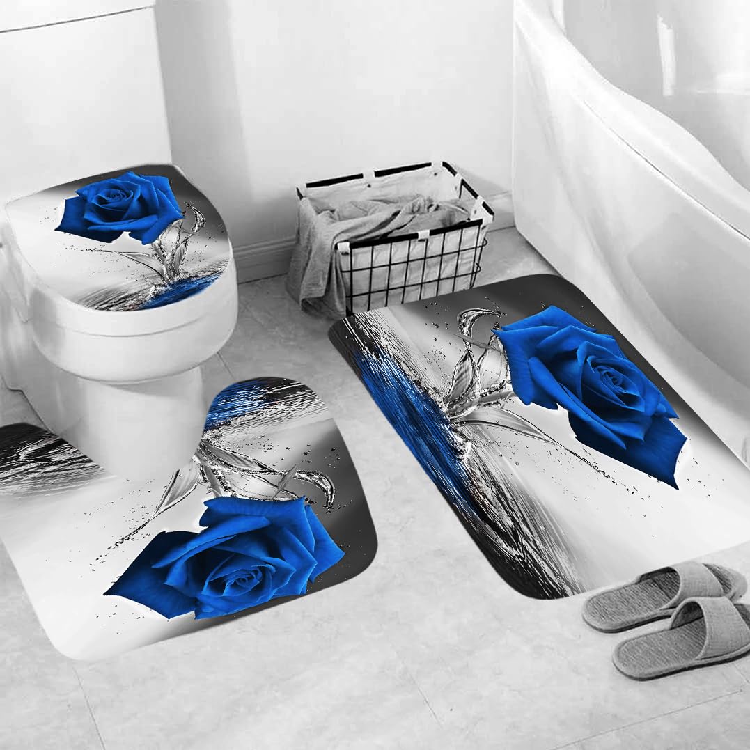 Juego De 3 Alfombras De Baño Rosa Azul Alfombra De Secado Rápido 50×80 Cm, Cubierta De Inodoro, Alfombra Tipo U Antideslizante Y Cortina De Baño