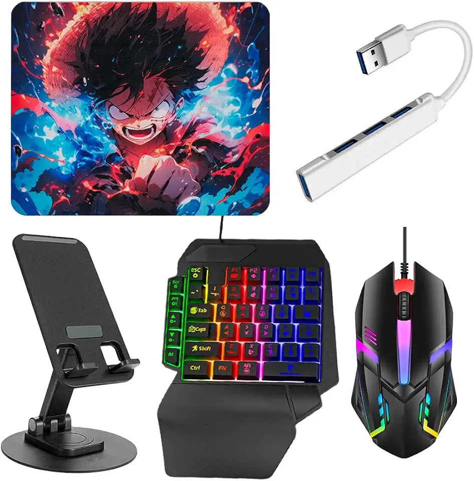Kit Mobilador Gamer Com Teclado One Hand Rgb + Mouse Óptico 1600dpi + Pad Speed Estampado + Hub Usb (MICRO USB V8)