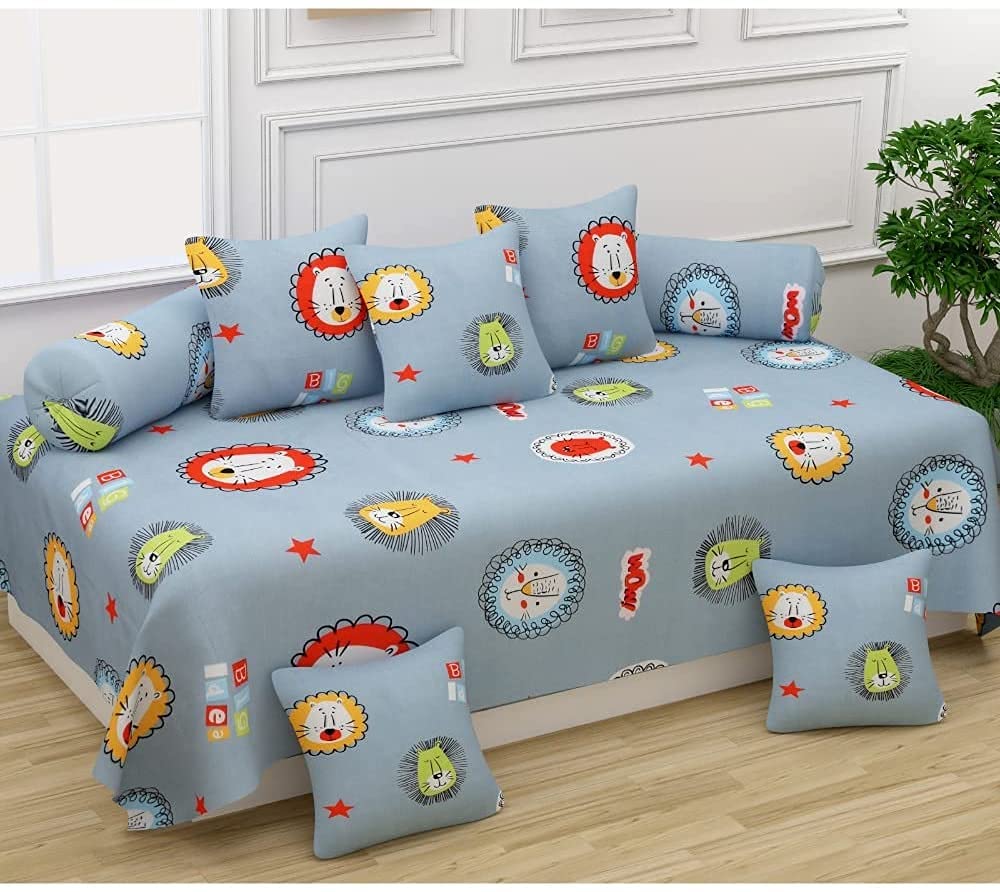 BREVARD 160 TC Glace Cotton 8 Pieces Diwan Set Including 1 Bedsheet, 5 Cushion Covers & 2 Bolster Covers, Grey Cartoon-image-2