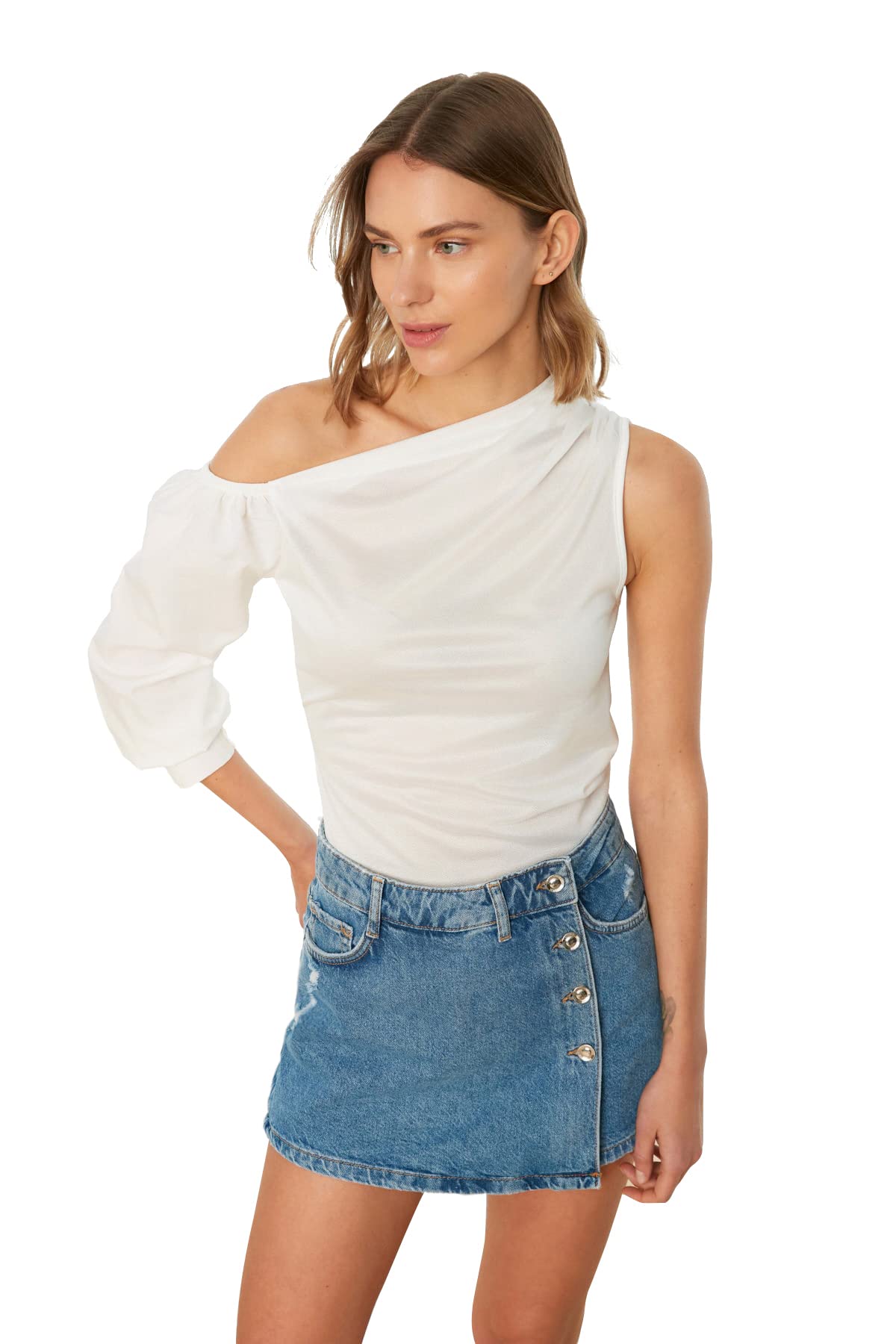 Trendyol Damen Ecru Single Schulter Gestrickte Bluse Blouse, Xs Eu