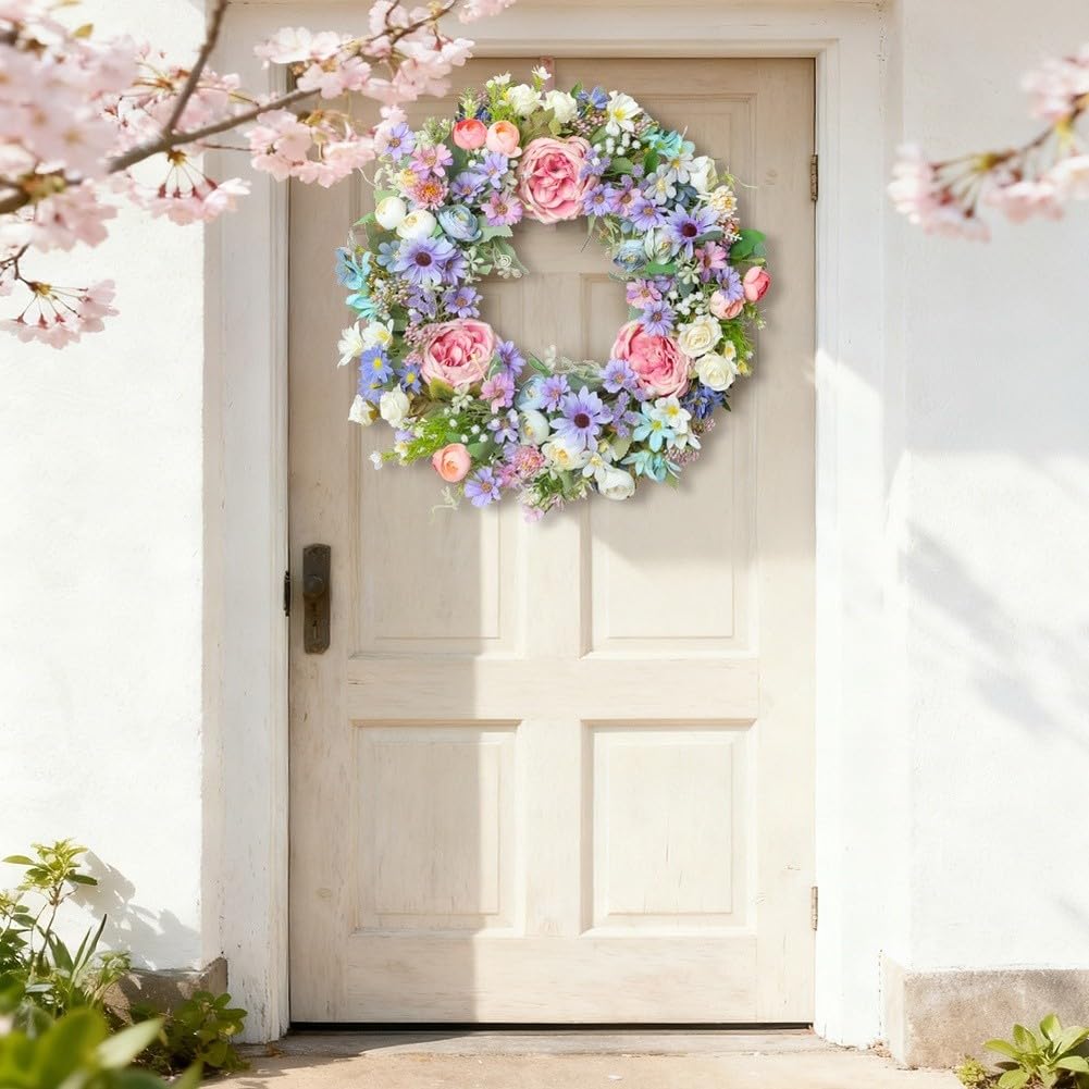 Künstlicher Seidenkranz mit elegantem Pfingstrosen- und Chrysanthemen-Arrangement, entworfen für Innenwand oder Tür