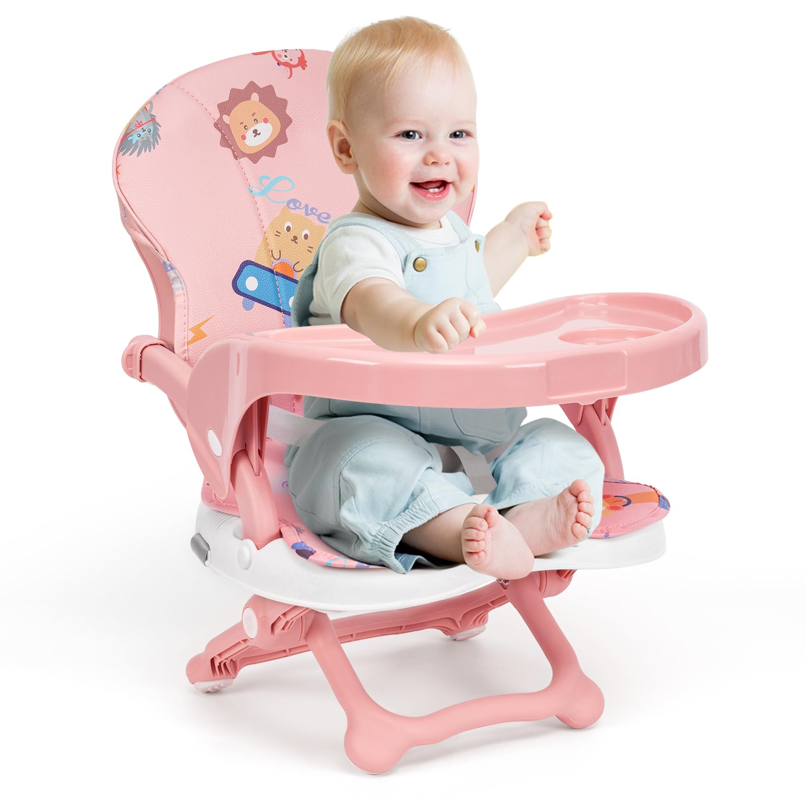 Booster Seat for Dining Table, Lightweight Compact Fold Travel Booster Seat, 3-in-1 Convertible, 3 Level Height Adjustment and Easy Tray Removal, Pink