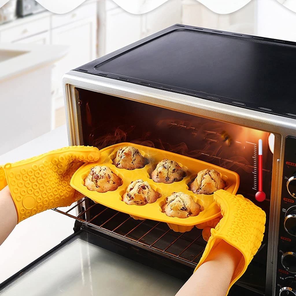Manoplas Horno, Guantes Gruesos De Silicona Cinco Dedos para Altas Temperaturas Y Anti-escaldaduras Aislamiento Cocina para Horno para Hornear Amarillo, 2 Piezas Cocinar Barbacoa