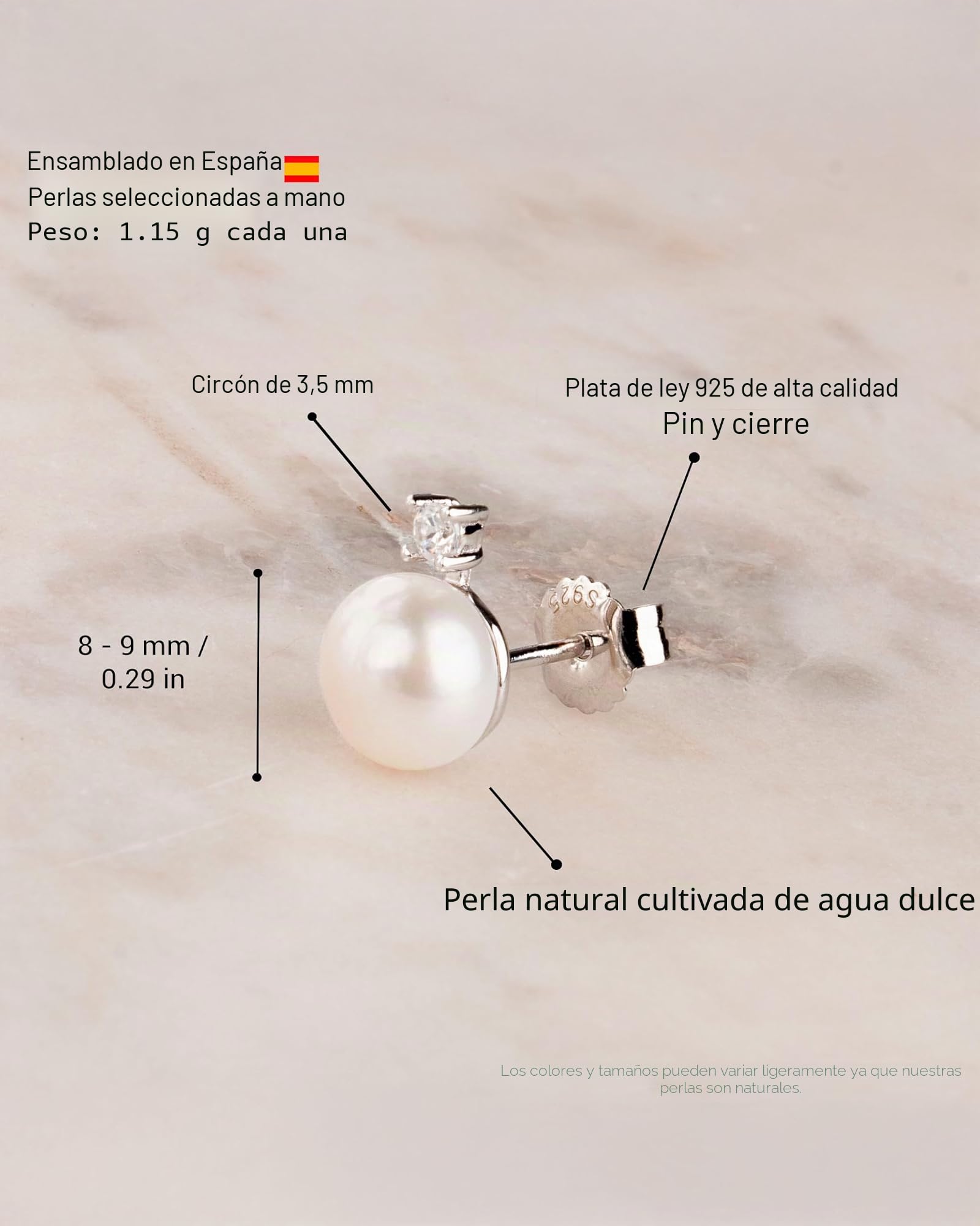 Pendientes de mujer de perlas cultivadas de agua dulce con circonita SECRET & YOU. Diseño Tú y Yo - Pendientes de Plata de Ley Rodiada de 925 milésimas con tuerca grande.