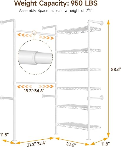 Miniatura 2 de L2 - Sistema de armario montado en la pared, perchero industrial de tubería con 2 varillas telescópicas y 6 estantes, sistema organizador de armario