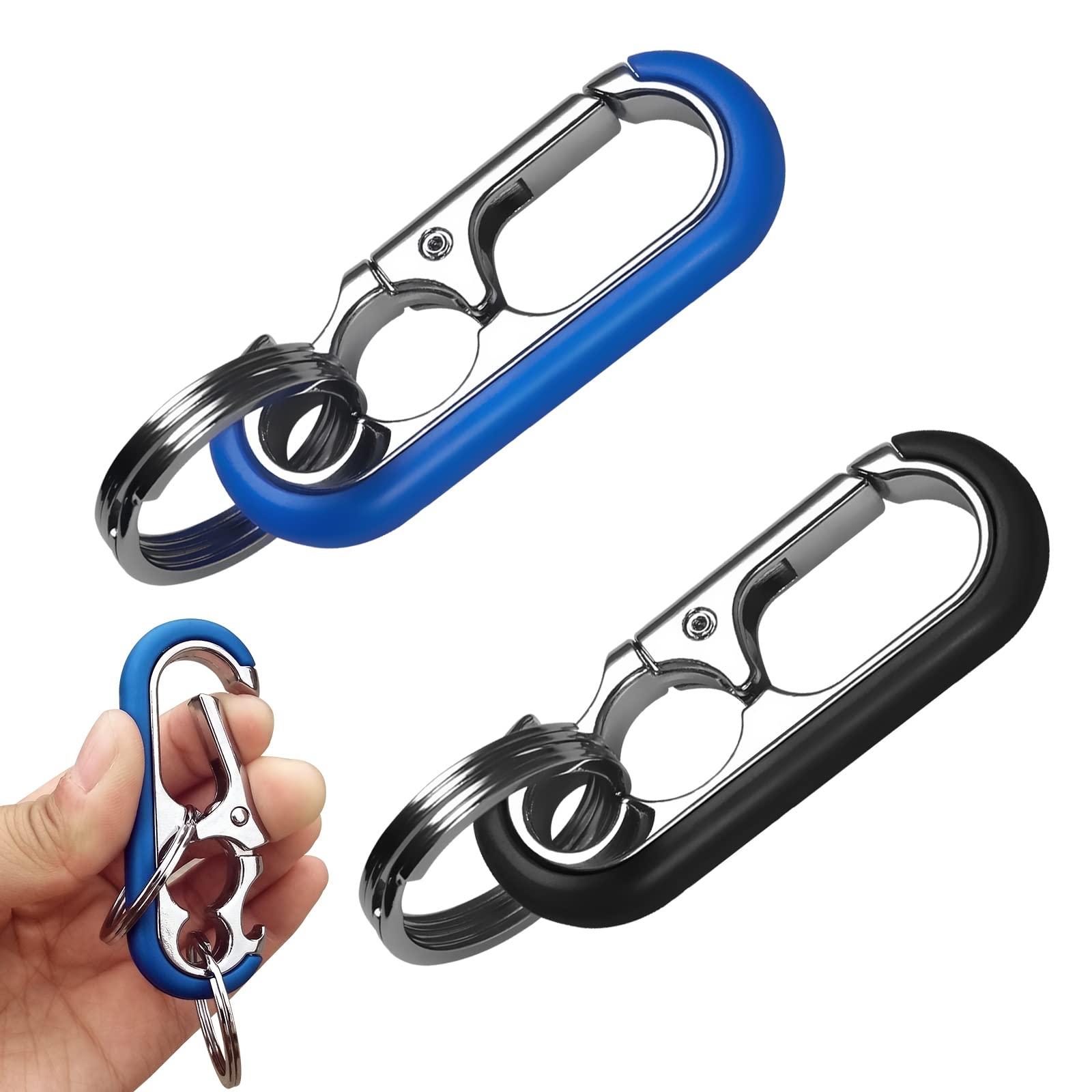 WAPSAT Keychain for Men - Bottle Opener Keychain with 2 Rings, Quick Release, Zinc Alloy, Black - Perfect Car Keychain (Black+Blue)