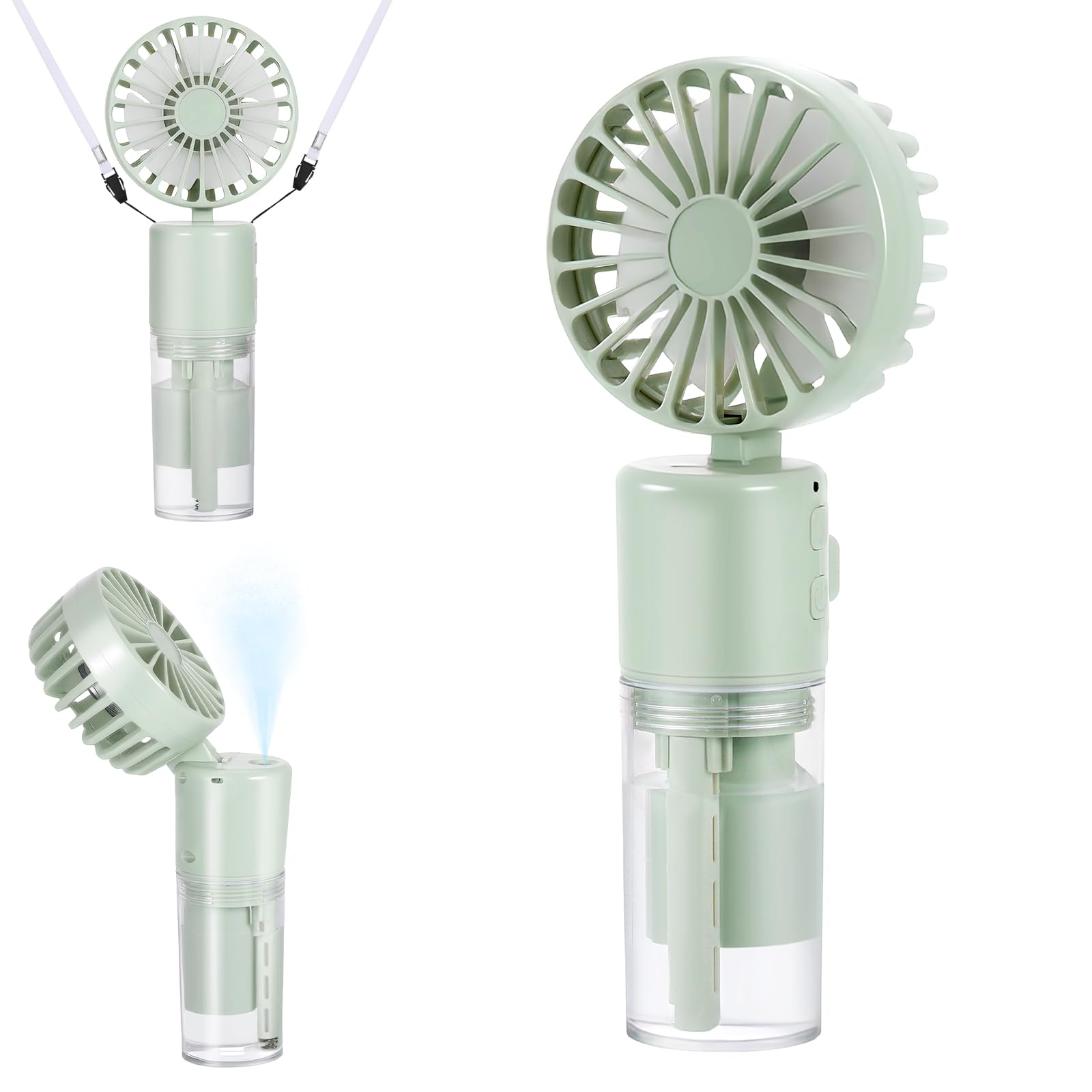 JIZZU Tragbarer Handventilator mit Wassernebel, 4000mAh Mini Ventilator USB, Wasserventilator mit 4 Geschwindigkeiten, Batteriebetriebener kleiner Ventilator für Büro, Reise und Camping (Grün)