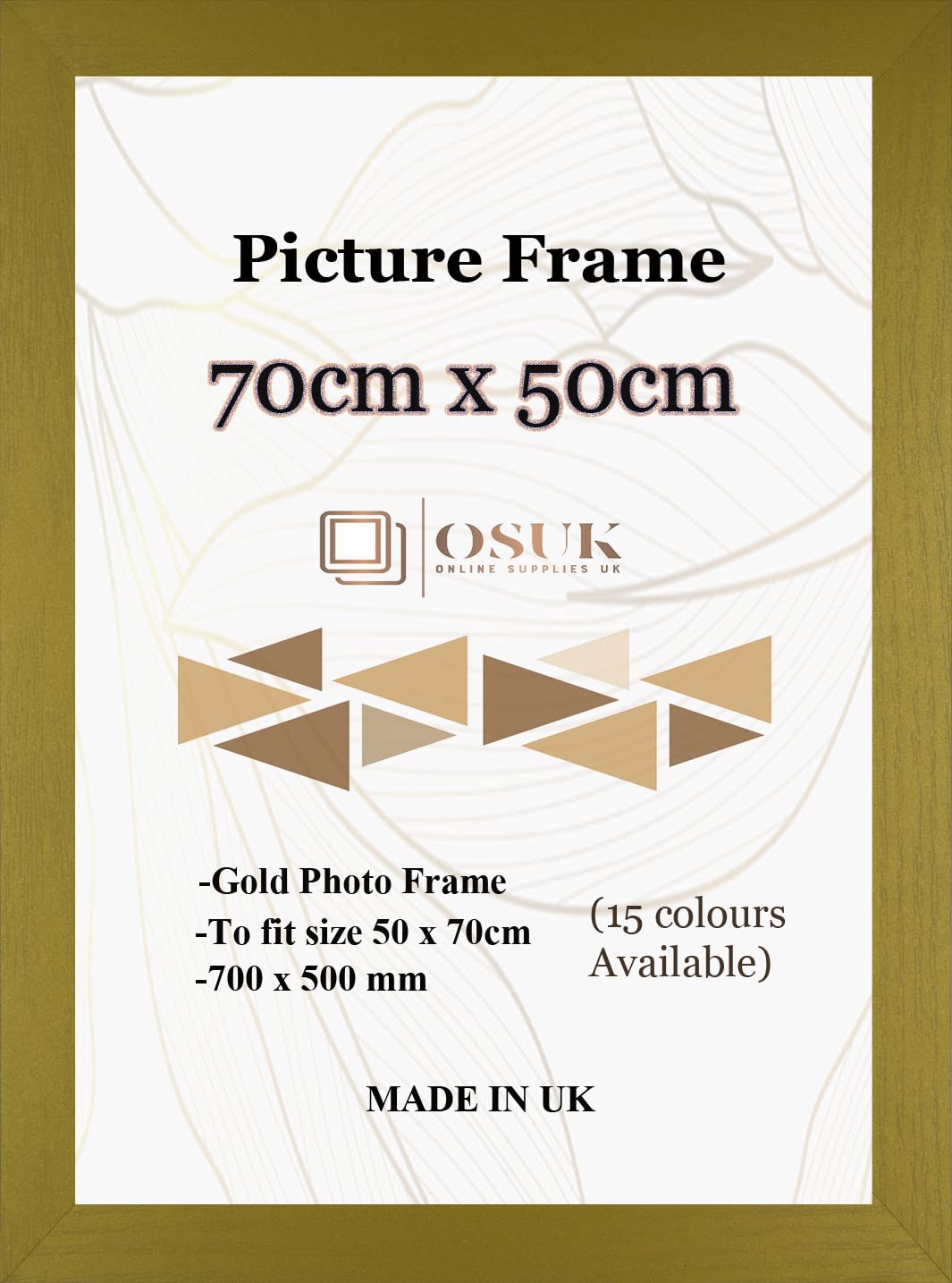 OSUK 50x70cm Gold Poster Frame - 70 x 50cm Photo Frames with Safe Perspex Front & Wall Mount Hooks - Puzzle Jigsaw Frame - 70cm x 50cm Picture Frames