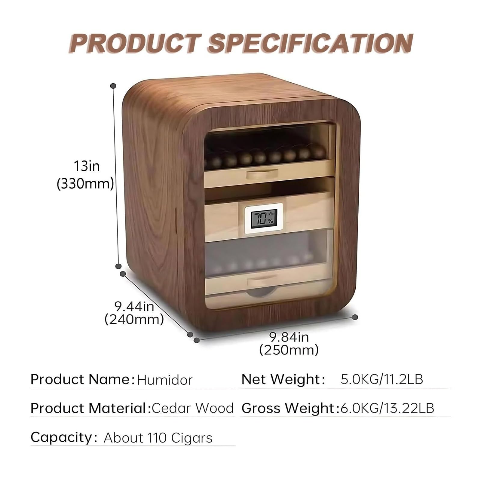 Humidor for sigari - 110 sigari, umidificatore e igrometro, Desktop(B,Withoutskylight)
