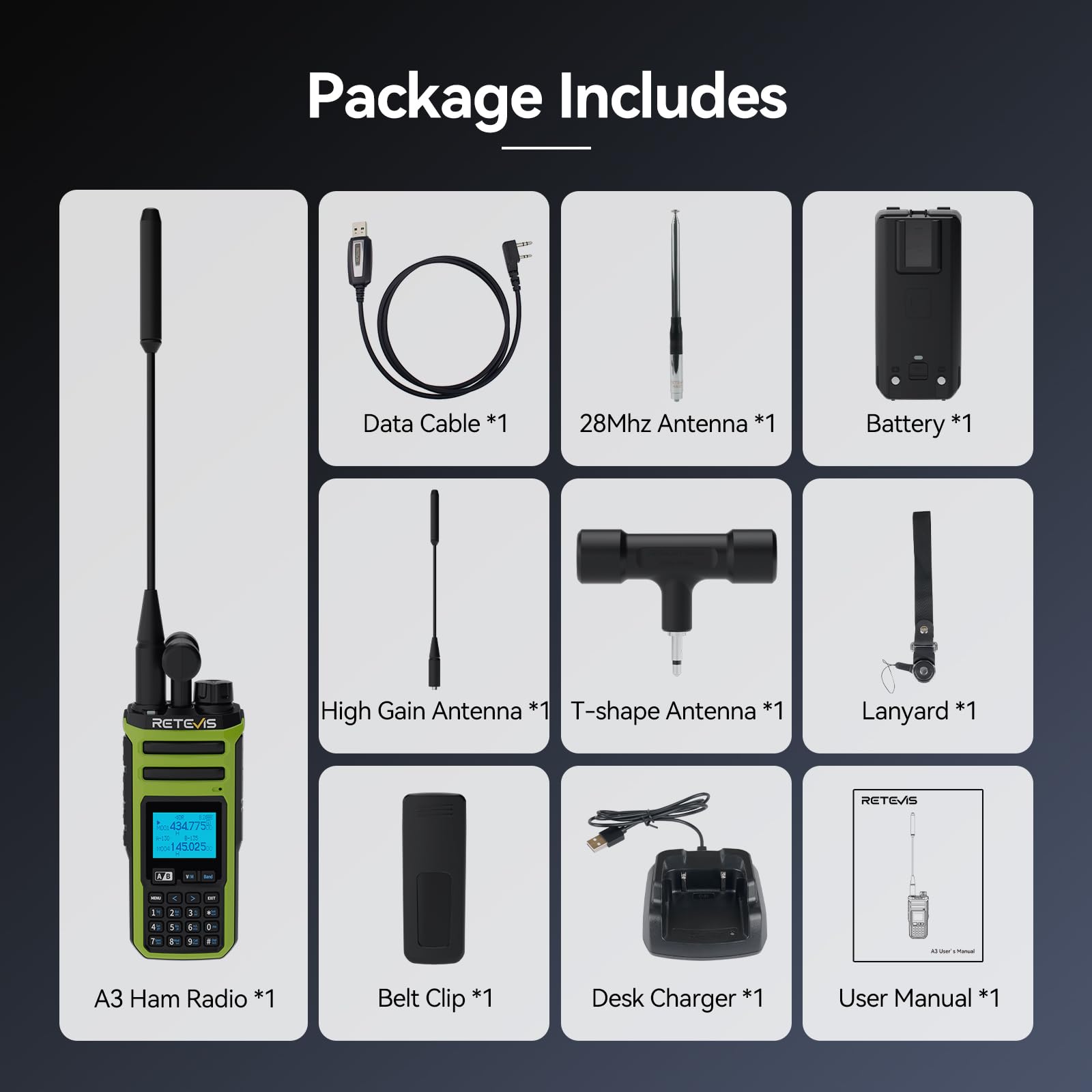 Retevis A3 Radio Dwukierunkowe, Czterozakresowe Radio Amatorskie, Tryby AM/SSB/FM/AIR, Dwukanałowe, 2500 mAh, Regulowana moc Walkie-Talkie do Polowań, Podróży, Kempingu (1 szt.)