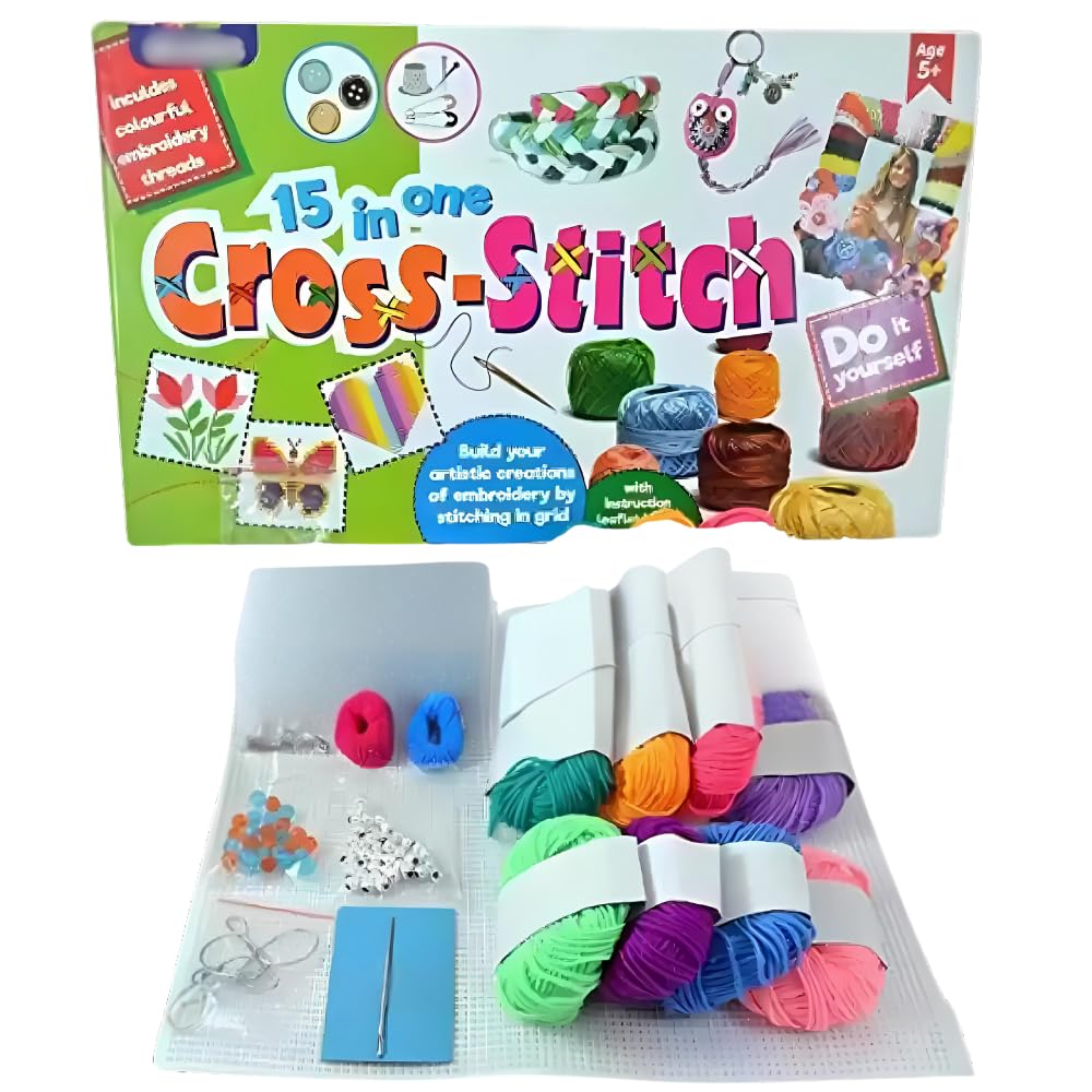 Estilo Art & Craft Kit | 15 Unique Cross-Stitch Patterns DIY Craft Set Beginner Kit for Kids | Embroidery Kit Includes 8 Colors of Woolen | Birthday Gift for Girls and Boys of Ages 4+ Years-image-38