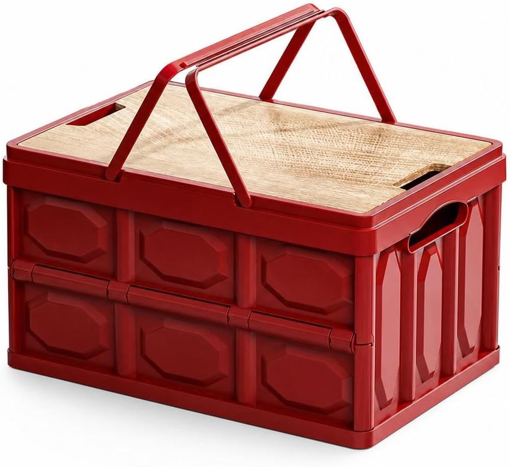 Folding Storage Box With Wooden Lid Large Capacity Container For Camping Gear Groceries Tools Portable Handles Suitable For Outdoor Activities Car Trunk Organization, Red, Large