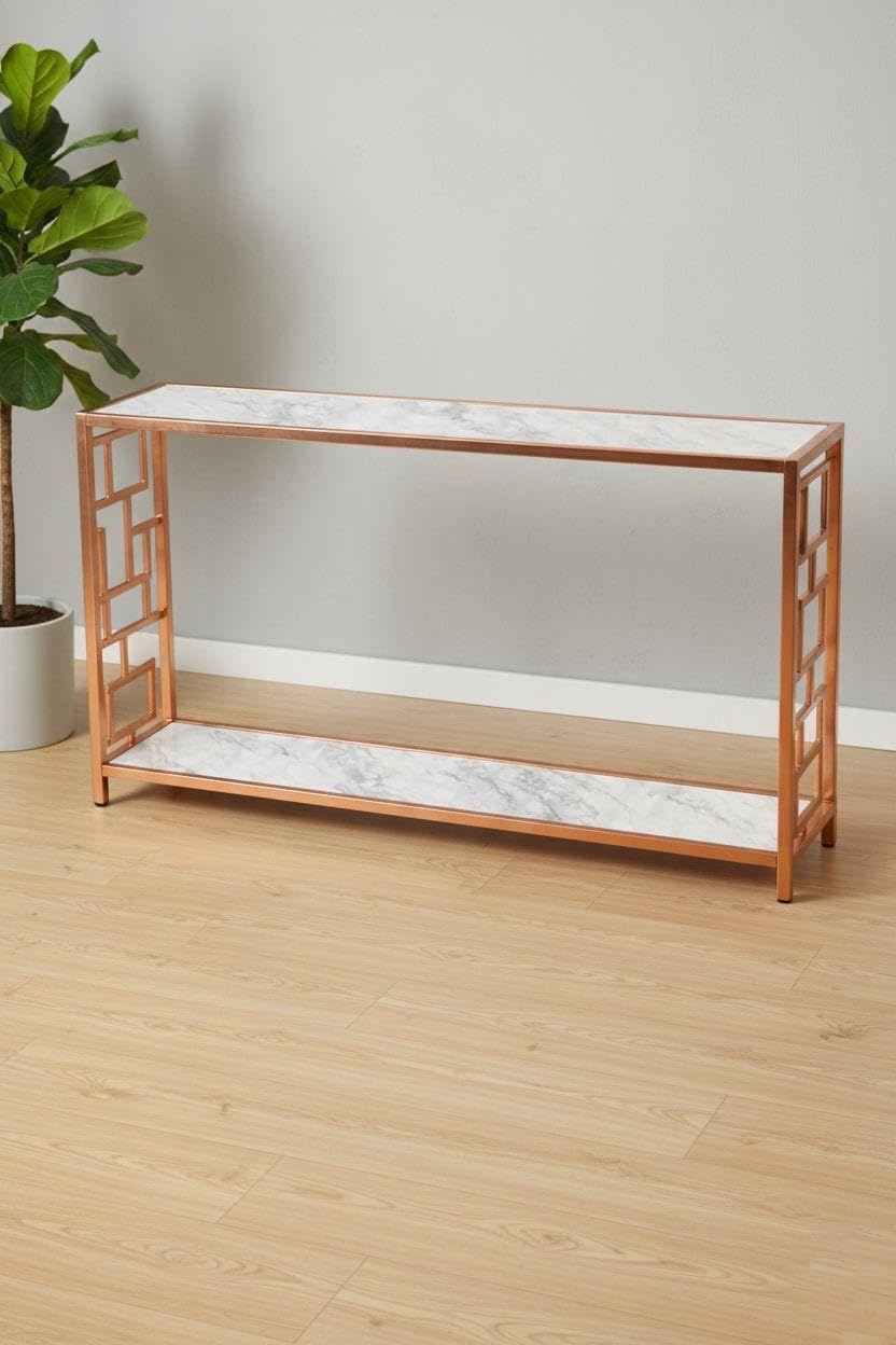 Modern Marble Finish Console Table with Metal Frame | Narrow Entryway Sofa Table with Storage Shelf | 47" L x 9" W x 29" H-image-38