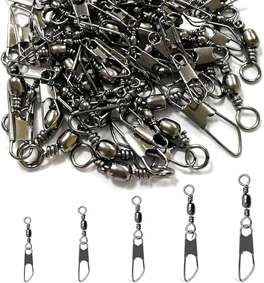Girelle da pesca trota pesca in acciaio inox con moschettone, 100 Pezzi Anelli Solidi con Moschettone per Connettori Clip Girevoli, Girelle Canna da Pesca, 6 8 10 12 14#