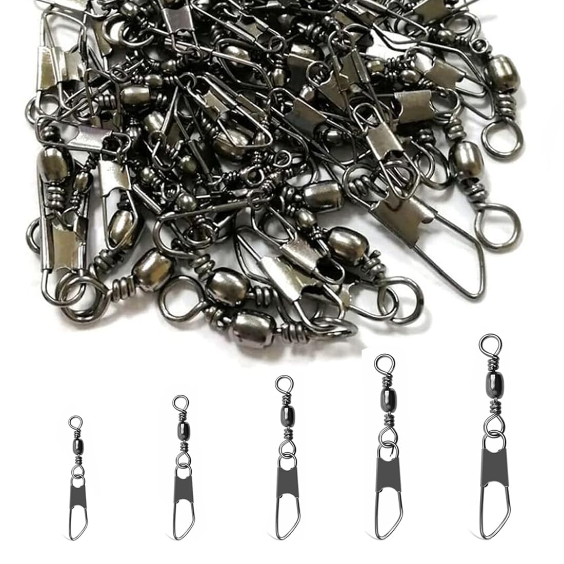 Girelle da pesca trota pesca in acciaio inox con moschettone, 100 Pezzi Anelli Solidi con Moschettone per Connettori Clip Girevoli, Girelle Canna da Pesca, 6 8 10 12 14#