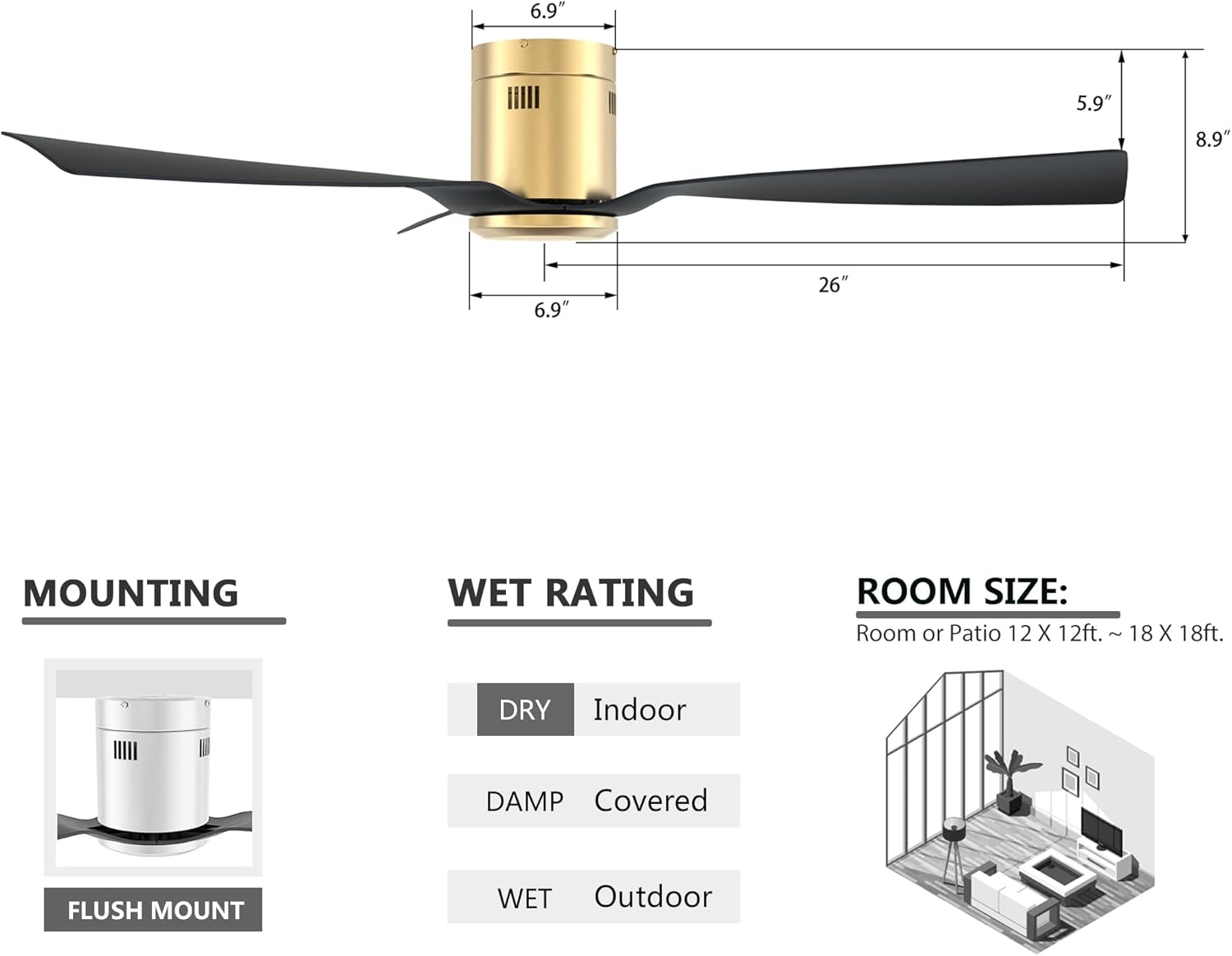 SMAAIR Ceiling Fans No Light and Remote,52 Inch Modern Ceiling Fan without Light with Quiet DC Motor,10 Speeds,Flush Mount,3 Blades,Low Profile,Indoor Ceiling Fan for Living Room Bedroom, Black/Gold