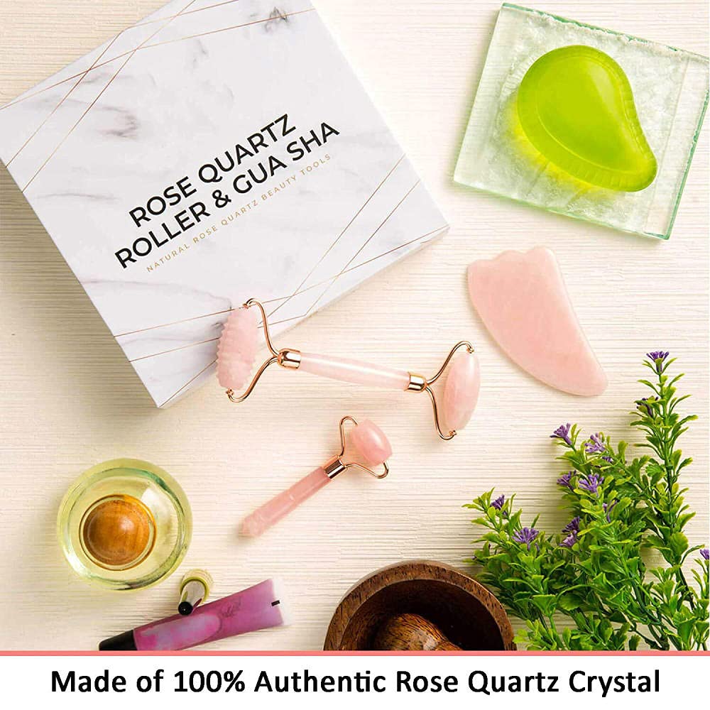 Juego de rodillos de cuarzo rosa con Gua Sha para rostro, natural, auténtico, masajeador de cristal facial, ojos, tonos, firmas, 2 unidades