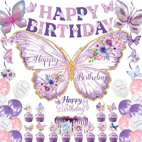 Roetyce Butterfly Birthday Decorations Purple Happy Birthday Banner Backdrop Balloons Hanging Swirls Cake Topper for Home Party Girls Women Butterfly Themed Party Suppiles Photo Background