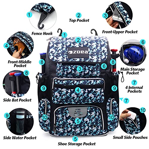 Zoea Super Large Expandable Bat Pack, Baseball Bat Bag Backpack, T-Ball & Softball Equipment & Gear For Youth And Adults, Large Capacity Holds 4 Bats,2 Drink Pockets , Helmet, Gloves, Cleats,Shoes Compartment (Navy/Blue) #TOP3