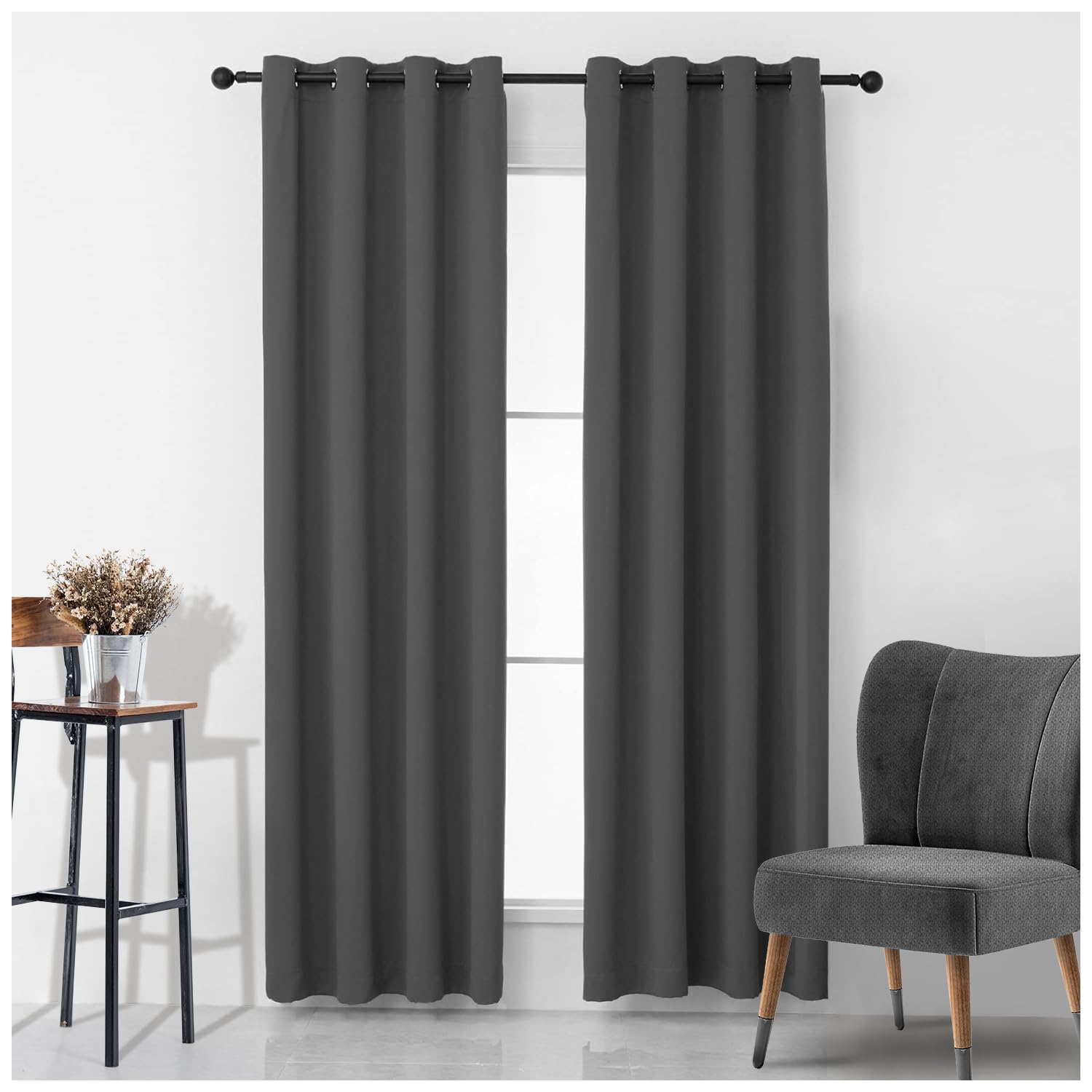 GC GAVENO CAVAILIA Faux Silk Eyelet Curtains For Living Room | Ring Top Curtains & Drapes | Fully Lined Polyester Panels | Modern Home Decor Window Treatment | Charcoal (66X90 Inch)