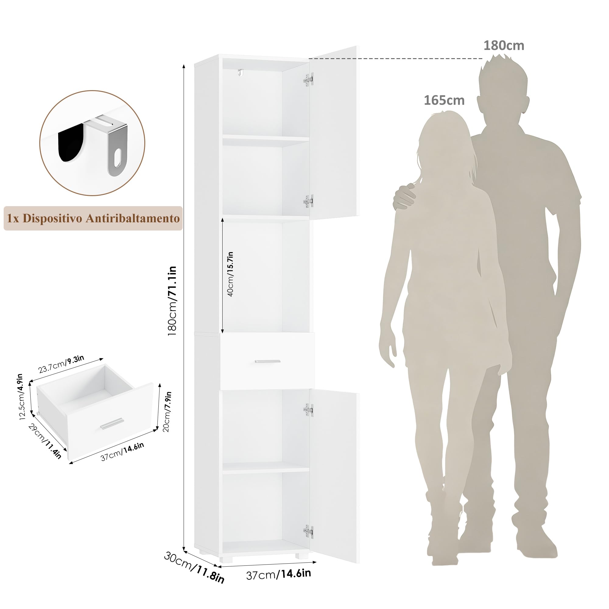 FOREHILL Armadio Colonna Bagno, Mobile Bagno Colonna con Ripiano Aperto, Armadietto Salvaspazio con 2 Ante 1 Cassetto Bianco 37x30x180cm