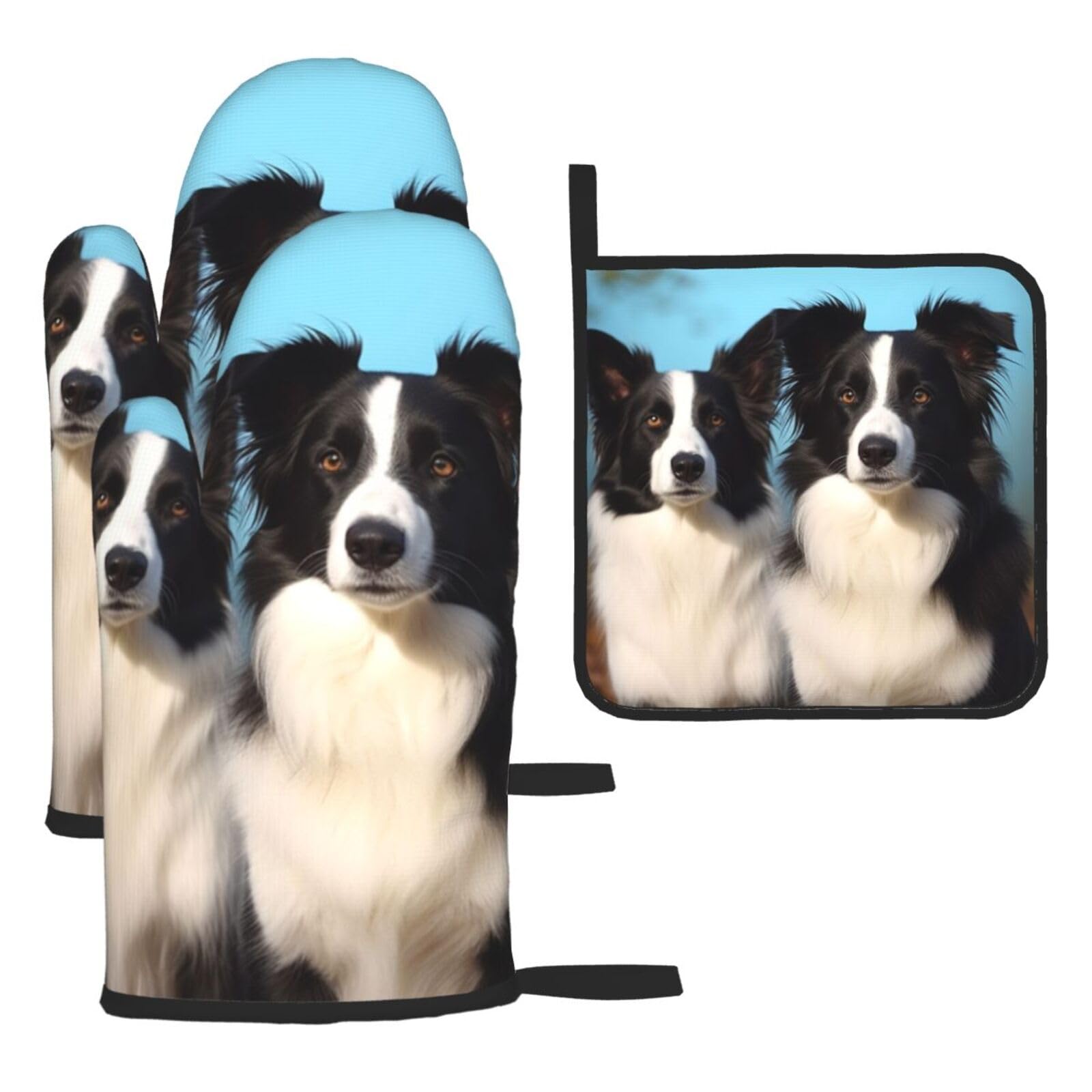 3 Piece Oven Mitts and Pot Holders Set Heat Resistant Oven Gloves and Potholders BBQ Gloves Hot Pads Border Collie Cooking Gloves for Kitchen Baking Grilling
