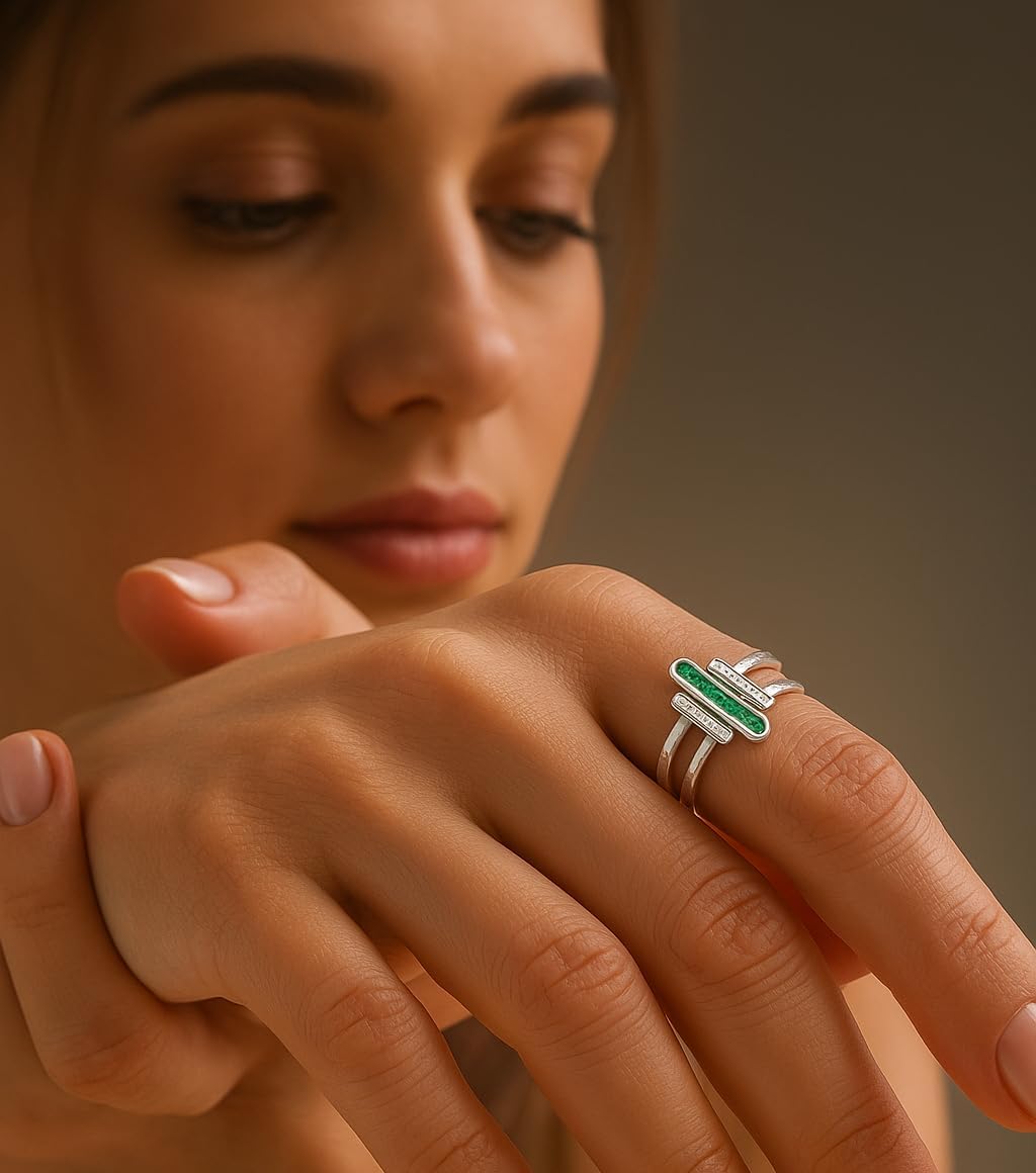 LeCalla Compressed Turquoise Three Bar Ring in 925 Sterling Silver | Handmade Hammered Vertical Bar Ring for Women | Hammer Ring Jewelry Gifts for Special Occasions(Sizes 6-8No.)